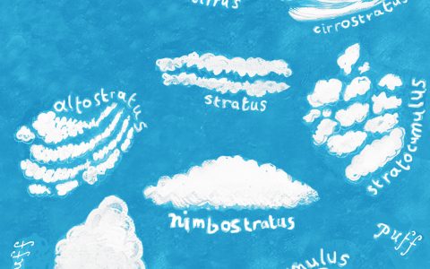A mottled sky blue page with 8 different cloud shapes painted white, ranging from small and wispy to big and puffy. White text in the top left corner reads "JULIANA CAPES cloud painting activity sheet". In the top left, swirly hand-painted text reads "puffy cloud paint". Around each cloud, hand-painted text defines each cloud type, namely "cirrus", "cirrostratus", "stratus", "altostratus", "stratocumulus", "nimbostratus", "cumulus" and "cumulonimbus". There are also 3 hand-painted words that read "puff" dotted around the page. In the bottom right corner, white text reads "CAMPLE LINE".