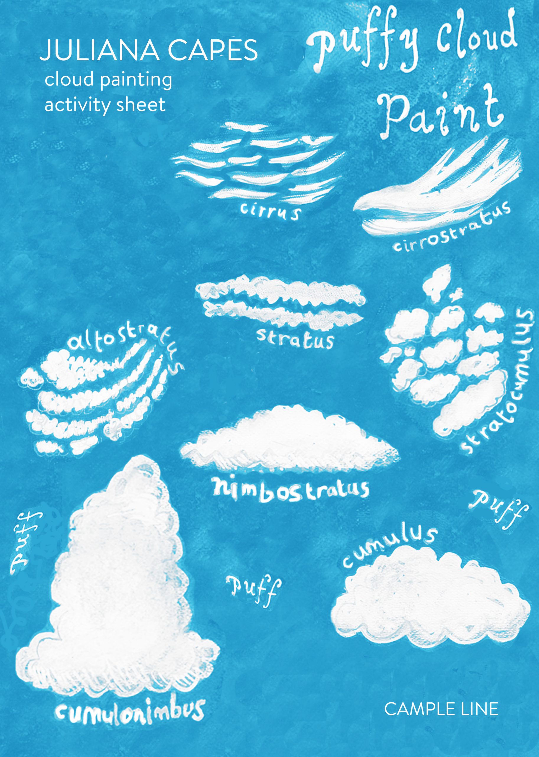 A mottled sky blue page with 8 different cloud shapes painted white, ranging from small and wispy to big and puffy. White text in the top left corner reads "JULIANA CAPES cloud painting activity sheet". In the top left, swirly hand-painted text reads "puffy cloud paint". Around each cloud, hand-painted text defines each cloud type, namely "cirrus", "cirrostratus", "stratus", "altostratus", "stratocumulus", "nimbostratus", "cumulus" and "cumulonimbus". There are also 3 hand-painted words that read "puff" dotted around the page. In the bottom right corner, white text reads "CAMPLE LINE".