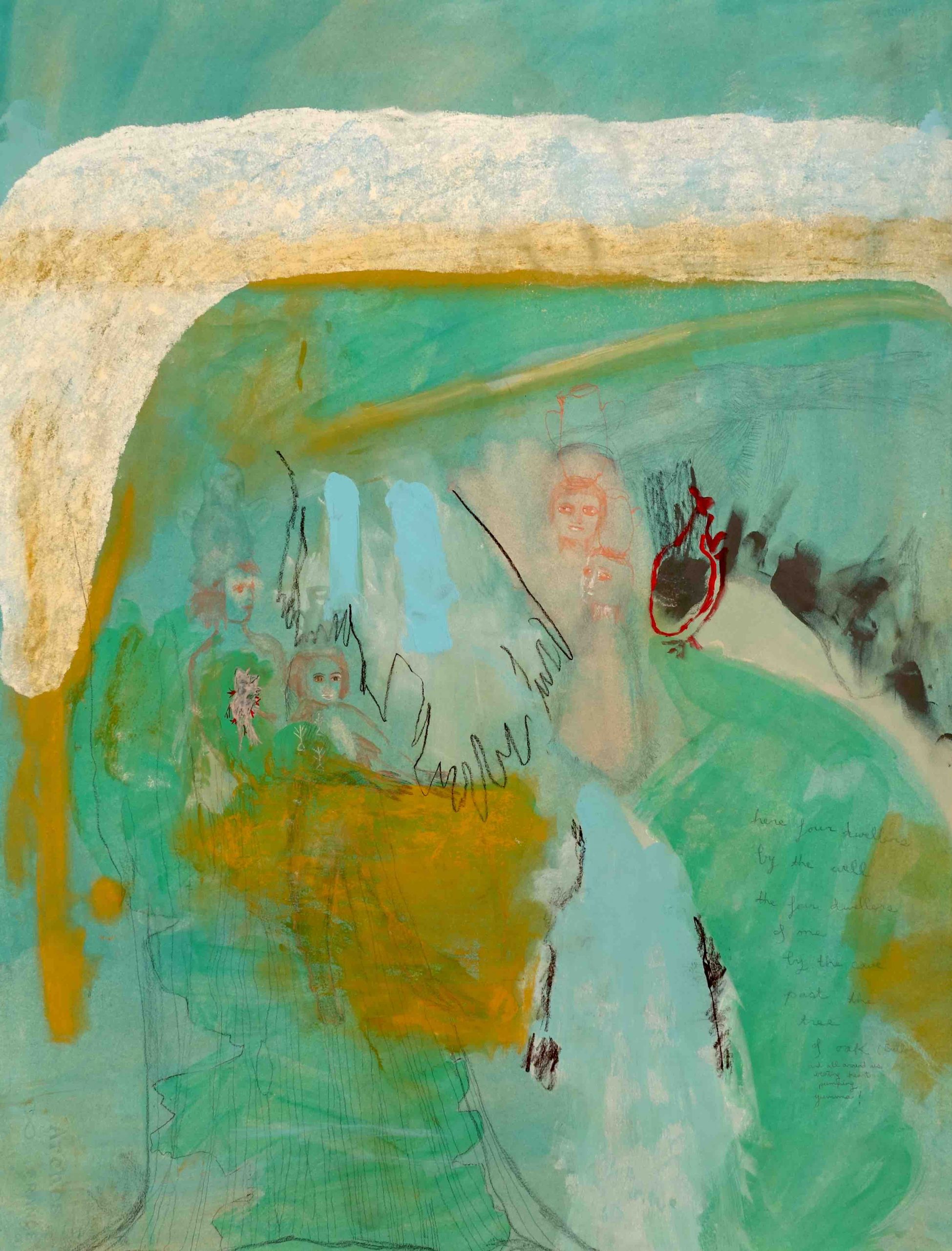 A portrait painting with a vibrant turquoise background over which are sketched several small, delicate figures in red, other organic shapes and textures, handwriting, and washes of mustard yellow and pale blue. The figures, in two pairs, seems to view each other from across a stretch of pale blue that evokes water. One carries a tall vessel on their head, with another heart-like vessel to the side, outlined in vivid red and with a trail of black smudges. Arcing over the whole scene and spanning the full width of the painting is a thick and smoke-like pale strip.