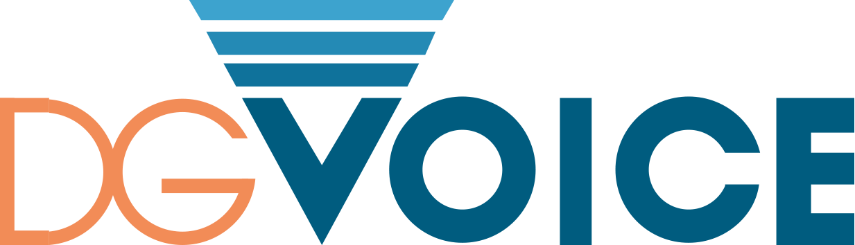 Orange and blue logo in capital letters reads "DG VOICE"