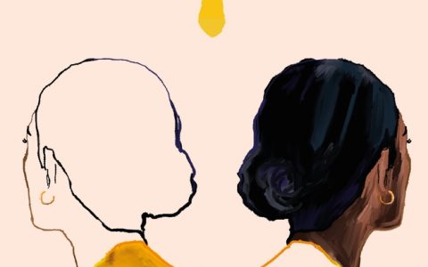Part of the book cover for ‘Rosarita’ by Anita Desai. Artwork of two women’s heads facing away from each other. One is only outlined, the other is filled in and has dark hair and dark skin.