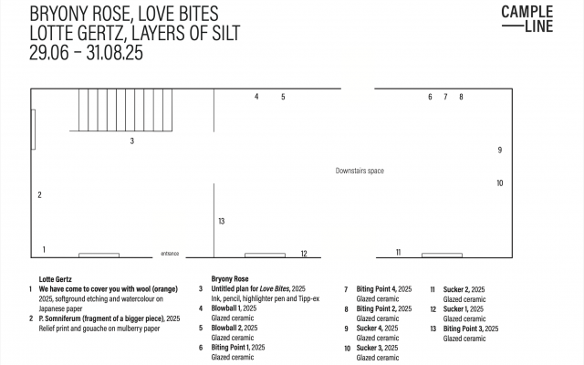 A floorplan of Cample Line’s ground floor indicating the positions, titles and generation information of artwork on display which are part of the exhibitions ‘Love Bites’ by Bryony Rose, and ‘Layers of Silt’ by Lotte Gertz.