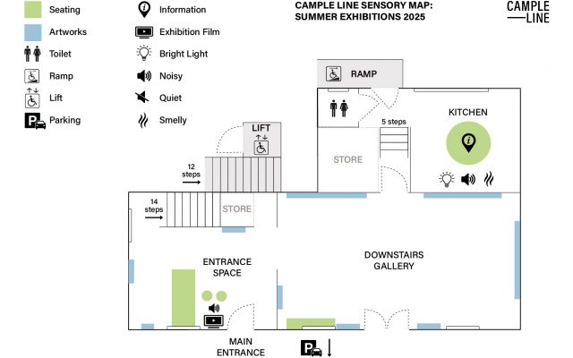 A floor map of Cample Line's ground floor, showing sensory information such as light, sounds and smells in different spaces. In the entrance space, there is audio from a computer playing a film. In the kitchen, there are bright lights and noise and smells from the coffee machine.