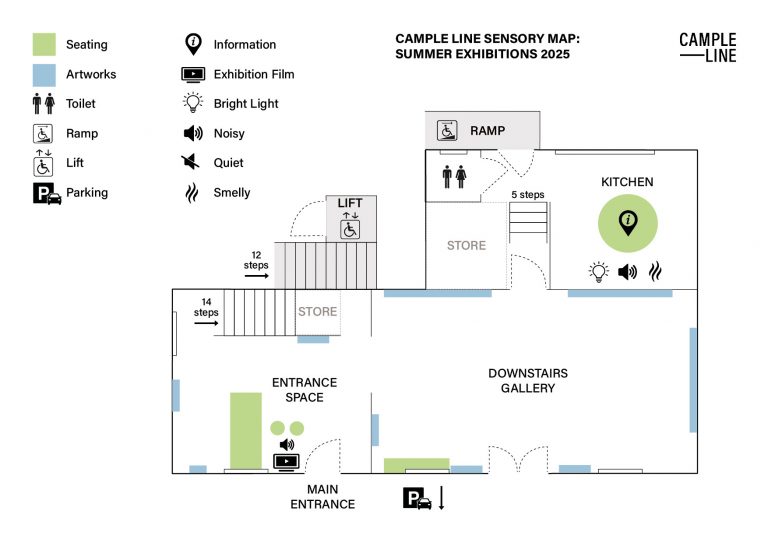 A floor map of Cample Line's ground floor, showing sensory information such as light, sounds and smells in different spaces. In the entrance space, there is audio from a computer playing a film. In the kitchen, there are bright lights and noise and smells from the coffee machine.