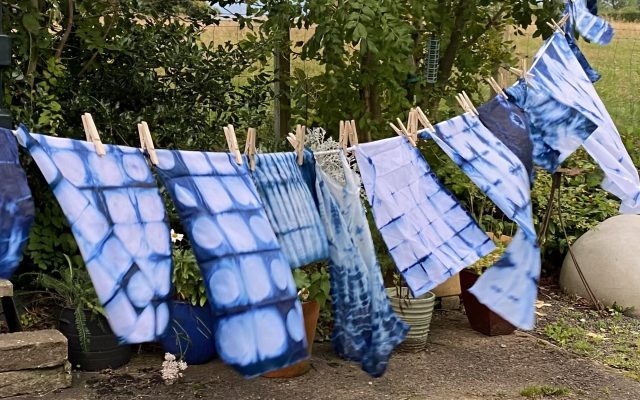 Towel-sized sheets of cotton are hung by clothespins on a washing line. They are dyed a deep indigo in different patterns.