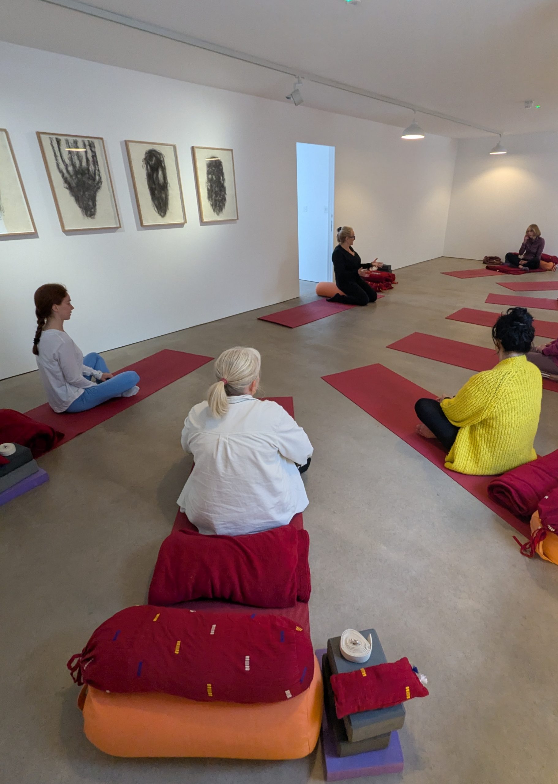 Red yoga mats are laid out in the downstairs gallery in a semi-circle. Jane Bailey gives a talk to gallery visitors who sit cross-legged on the mats.