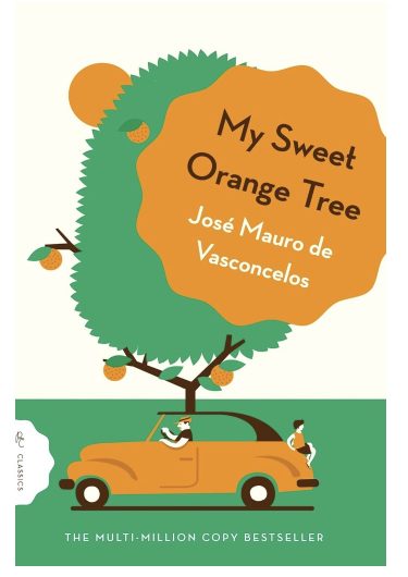 The book cover for ‘My Sweet Orange Tree’ by José Mauro de Vasconcelos. Abstract art of an orange tree and an orange-coloured car driving in front of it fills the background. A young boy perches on top of the boot of the car, and the title and author’s name are displayed in a large orange splotch on the leaves of the orange tree.