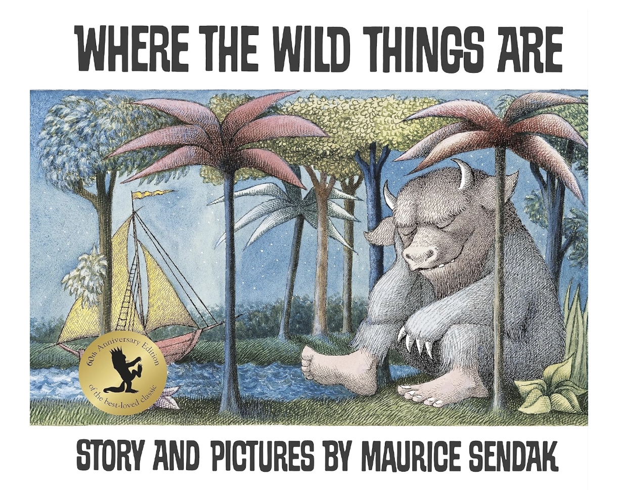 The book cover for ‘Where the Wild Things Are’ by Maurice Sendak. In the centre of the cover is a large coloured drawing of a bipedal, boar-like creature sitting with its head in its hand in a wooded area beside a river. Above and below the drawing, in a white border around the image, the title and the author and illustrator’s name are displayed in bold black text.