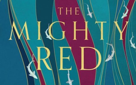 Part of the book cover for ‘The Mighty Red’ by Louise Erdrich. It shows the title in large pale yellow font with abstract art of white fish swimming up a blue and purple stream behind it.