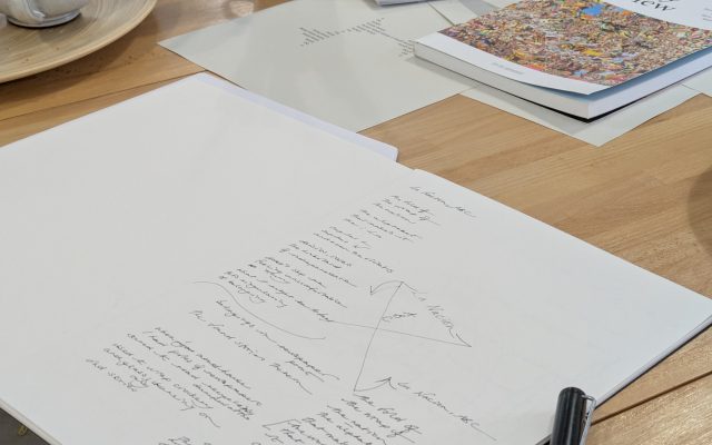 A notebook sits open scrawled with lines of text and fragments of poetry. It sits on a table surrounded by other publications, writing materials and cups of tea.